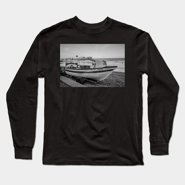 Traditional fishing boat on Cromer beach with the Victorian pier in the background Long Sleeve T-Shirt by yackers1